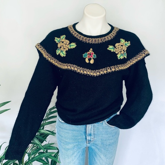 v i n t a g e :: Silk Angora Pearl Embroidered Knit Holiday Sweater - Picture 13 of 13